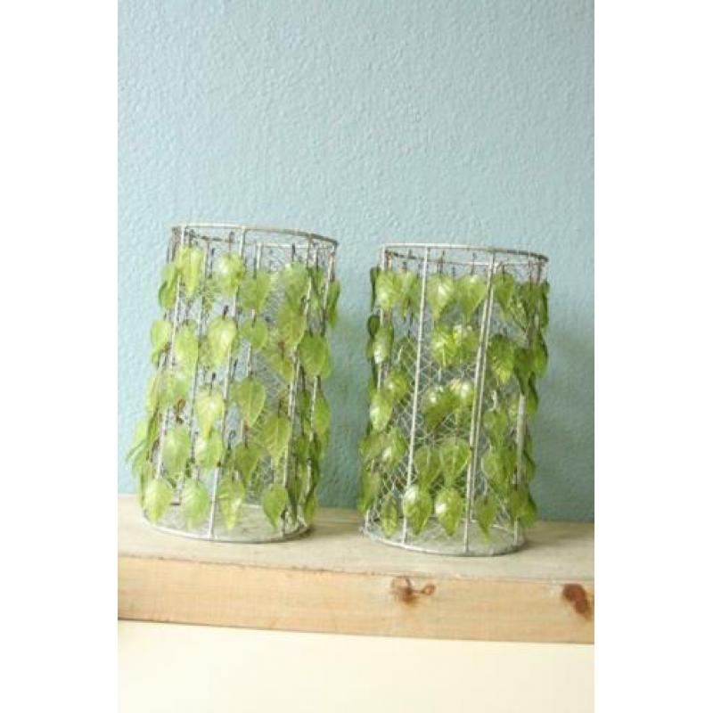 Vintage windlichten met glazen blaadjes (2x)