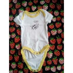 Romper, korte mouw, wit geel, koe, meisje/jongen, maat 50-56