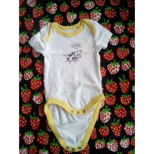 Romper, korte mouw, wit geel, koe, meisje/jongen, maat 50-56
