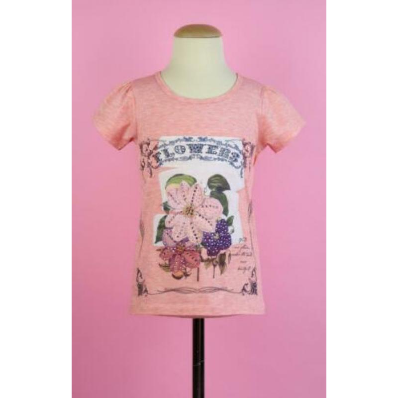 Creamie t-shirt roze mêlee met bloemen en strass maat 122