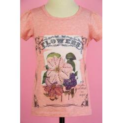 Creamie t-shirt roze mêlee met bloemen en strass maat 122