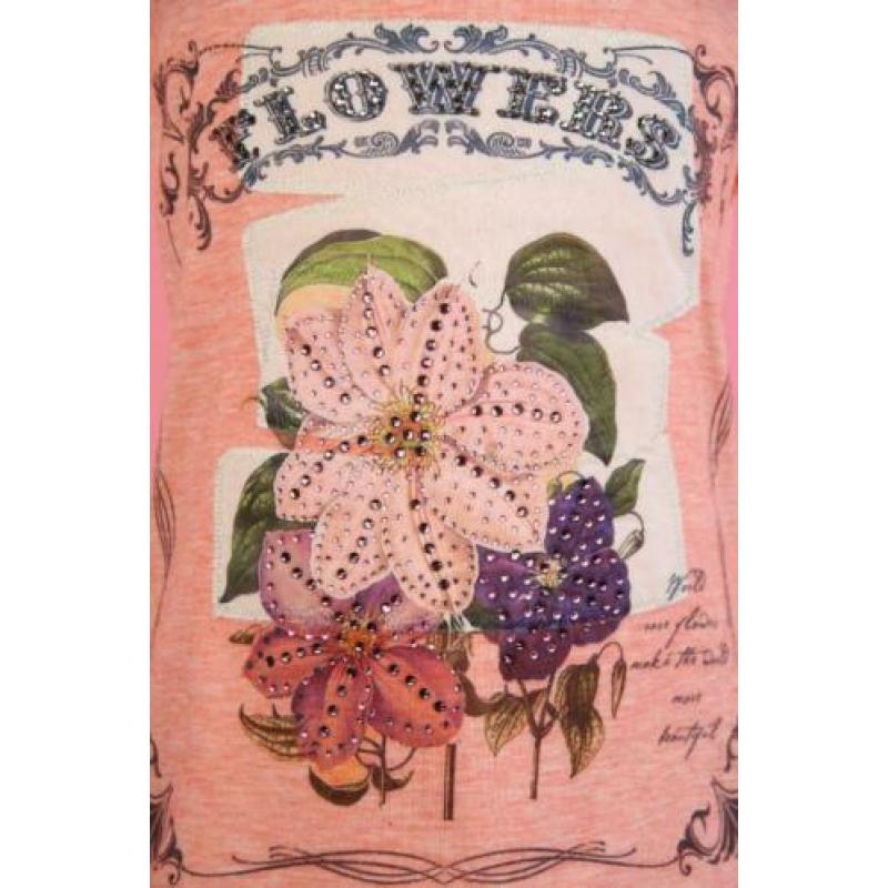 Creamie t-shirt roze mêlee met bloemen en strass maat 122