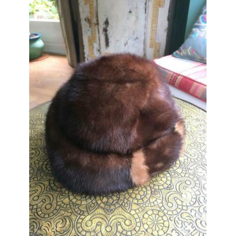 Vintage bont muts nerts mink bruin S M bontmuts 1950 50s