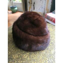 Vintage bont muts nerts mink bruin S M bontmuts 1950 50s