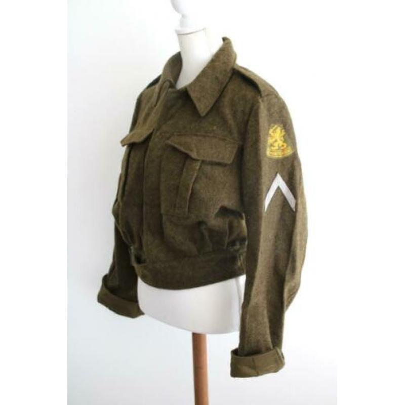 Vintage wollen jas cropped wol militair leger groen maat 38