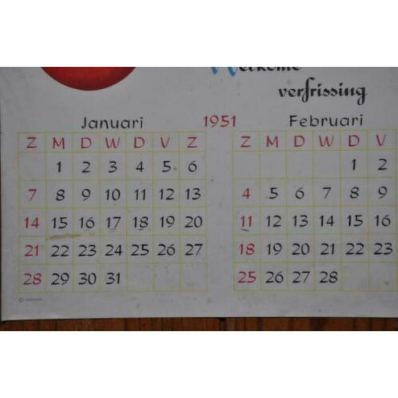 Oude Coca Cola Poster. Kalender Januari, Februari 1951