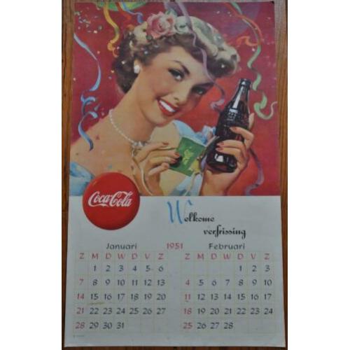 Oude Coca Cola Poster. Kalender Januari, Februari 1951