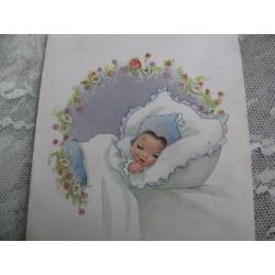 Oud geboortekaartje uit 1950 - slapende baby met blauwe muts