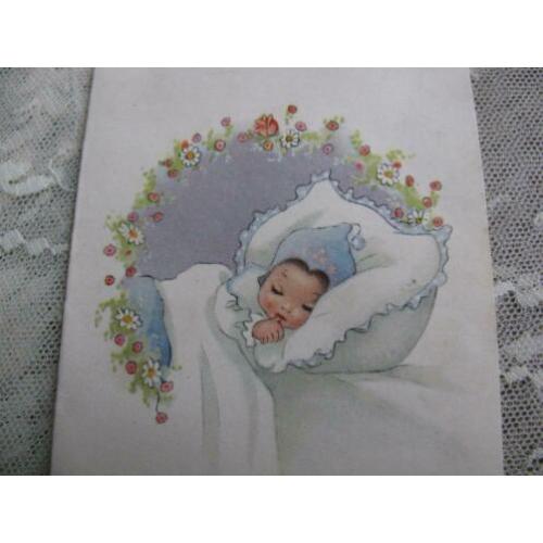 Oud geboortekaartje uit 1950 - slapende baby met blauwe muts