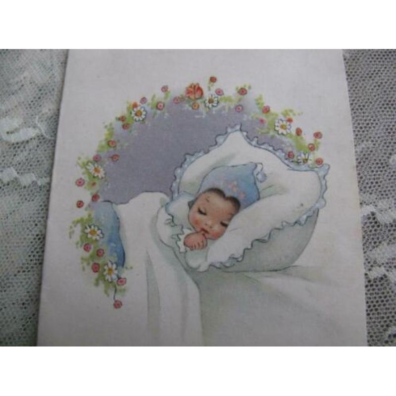 Oud geboortekaartje uit 1950 - slapende baby met blauwe muts