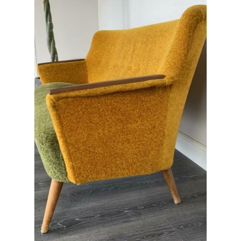 Retro / vintage bankstel en stoel okergeel en mosgroen