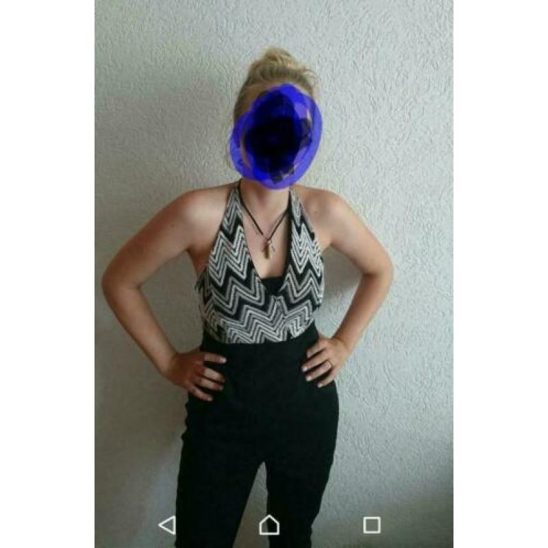 jumpsuit broek zwart wit neckholder open rug sexy mt S