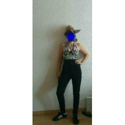 jumpsuit broek zwart wit neckholder open rug sexy mt S