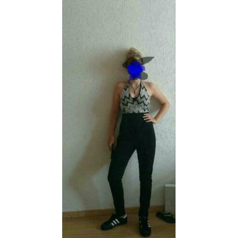 jumpsuit broek zwart wit neckholder open rug sexy mt S