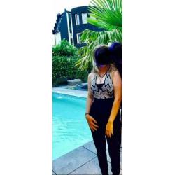 jumpsuit broek zwart wit neckholder open rug sexy mt S