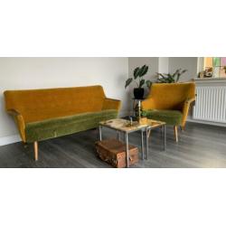 Retro / vintage bankstel en stoel okergeel en mosgroen