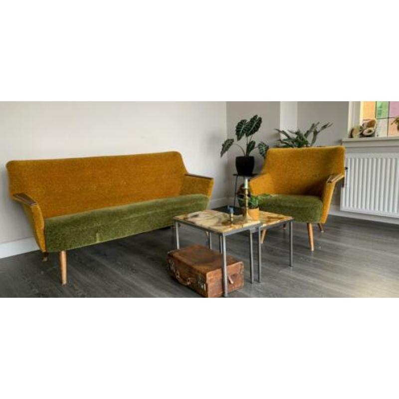 Retro / vintage bankstel en stoel okergeel en mosgroen