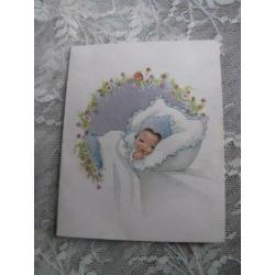 Oud geboortekaartje uit 1950 - slapende baby met blauwe muts