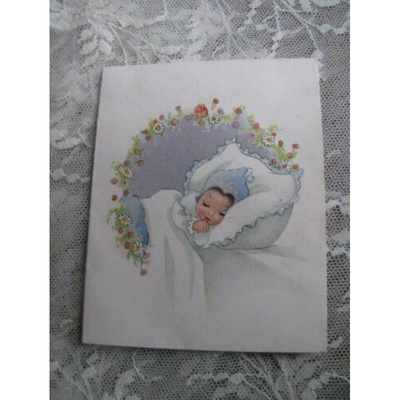 Oud geboortekaartje uit 1950 - slapende baby met blauwe muts