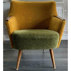 Retro / vintage bankstel en stoel okergeel en mosgroen