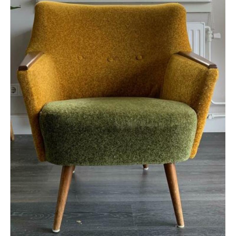 Retro / vintage bankstel en stoel okergeel en mosgroen