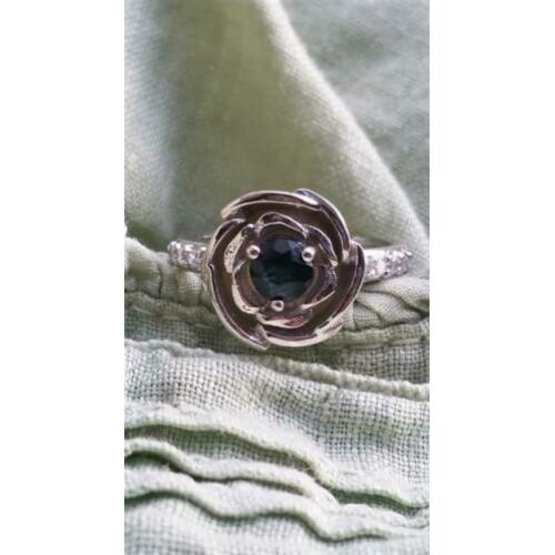 14k witgouden 925 zilveren ring, saffier roos, maat 17