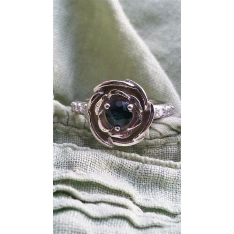 14k witgouden 925 zilveren ring, saffier roos, maat 17