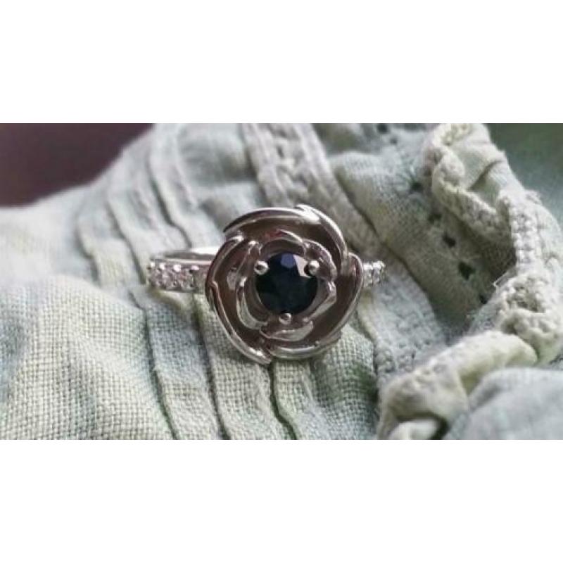 14k witgouden 925 zilveren ring, saffier roos, maat 17