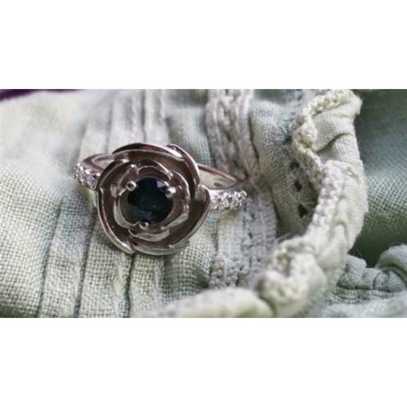 14k witgouden 925 zilveren ring, saffier roos, maat 17