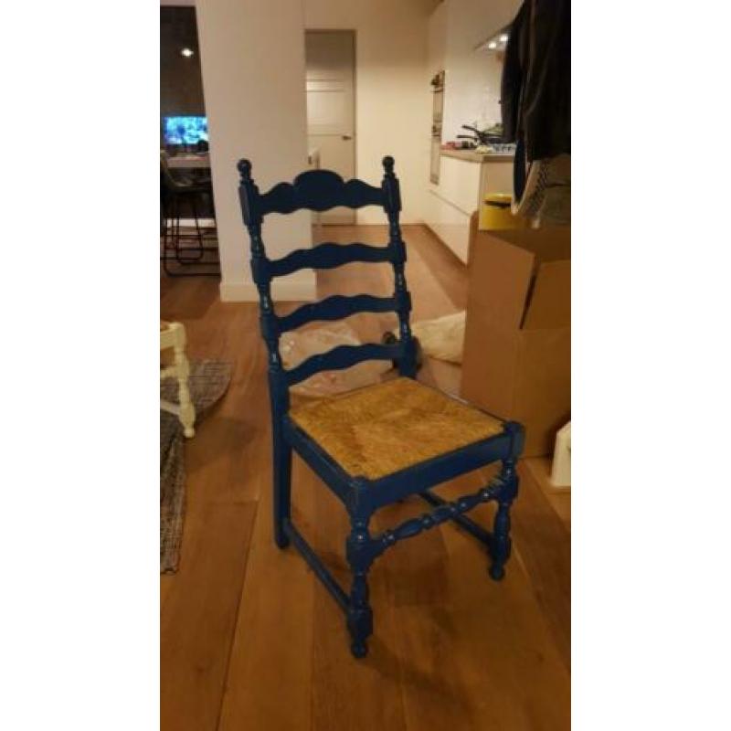 4 houten eetkamerstoelen blauw wit