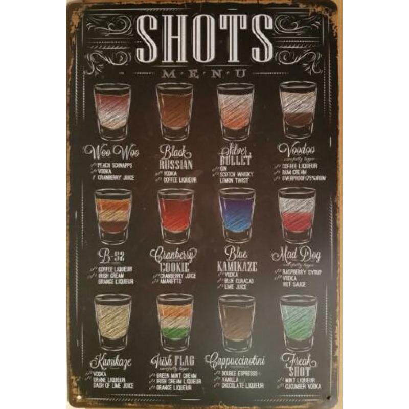 Shots shotjes reclamebord vintage wandbord van metaal bar