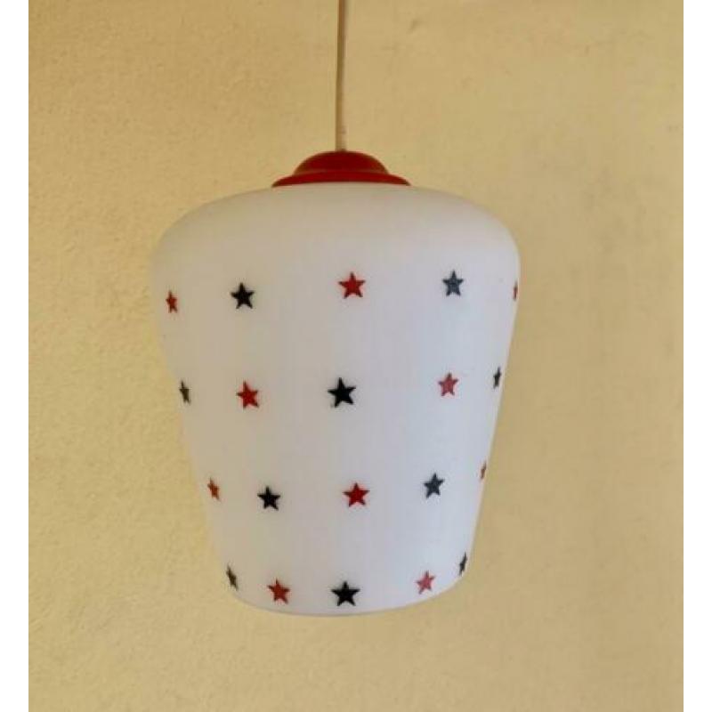 Vintage Jaren 60 hanglamp melkglas met sterretjes hoog 18 cm