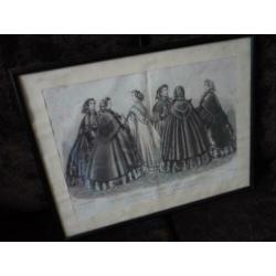Set antieke, brocante, modeprenten ingelijst, schilderijen