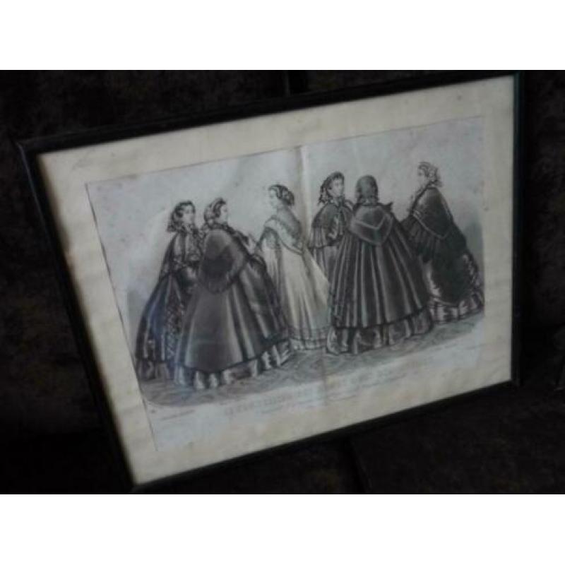 Set antieke, brocante, modeprenten ingelijst, schilderijen