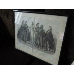 Set antieke, brocante, modeprenten ingelijst, schilderijen