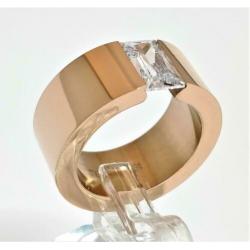 Rosé goud Stalen Ring met Rechthoekige Zirkonia. Nr. 1901119