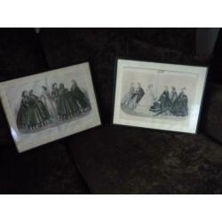 Set antieke, brocante, modeprenten ingelijst, schilderijen