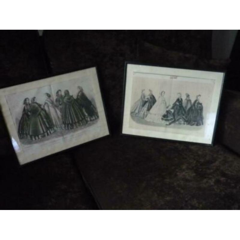 Set antieke, brocante, modeprenten ingelijst, schilderijen