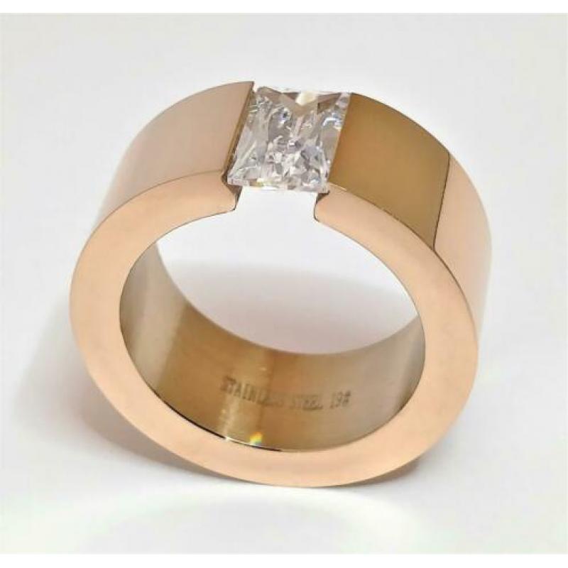 Rosé goud Stalen Ring met Rechthoekige Zirkonia. Nr. 1901119