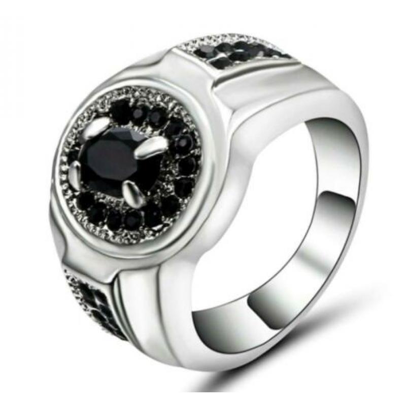 Witgoud vergulde ring met zwarte en licht blauwe zirkonen