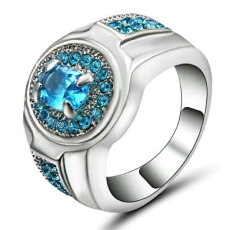 Witgoud vergulde ring met zwarte en licht blauwe zirkonen