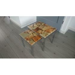 Retro vintage mimiset 2 bijzettafeltjes onyx marmer chroom