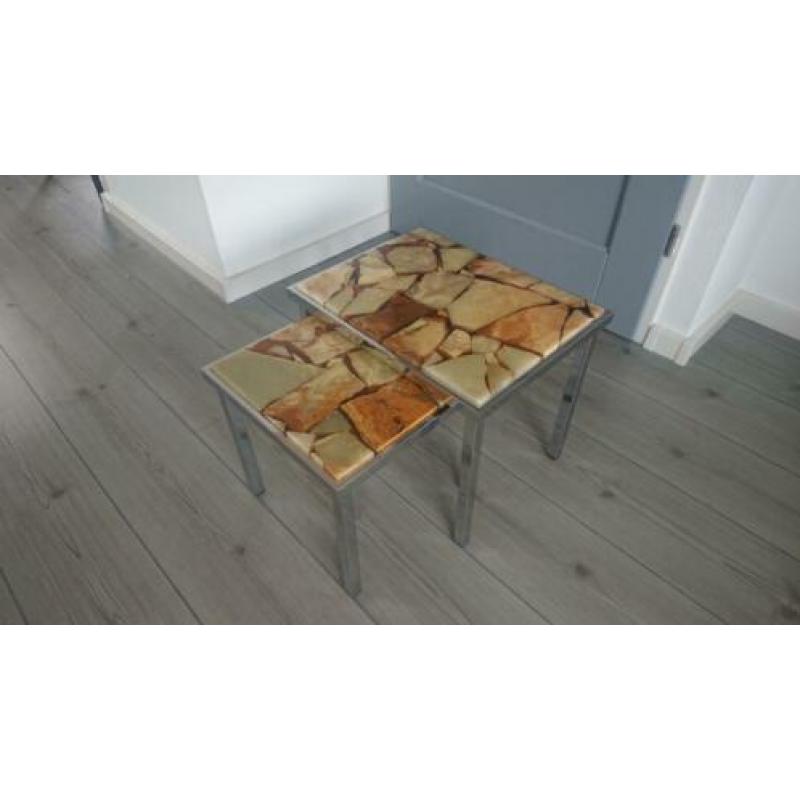 Retro vintage mimiset 2 bijzettafeltjes onyx marmer chroom