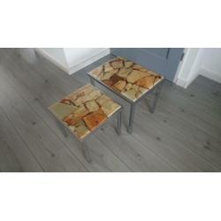 Retro vintage mimiset 2 bijzettafeltjes onyx marmer chroom