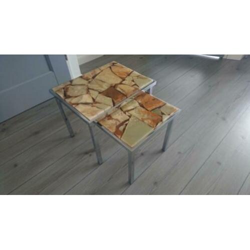 Retro vintage mimiset 2 bijzettafeltjes onyx marmer chroom
