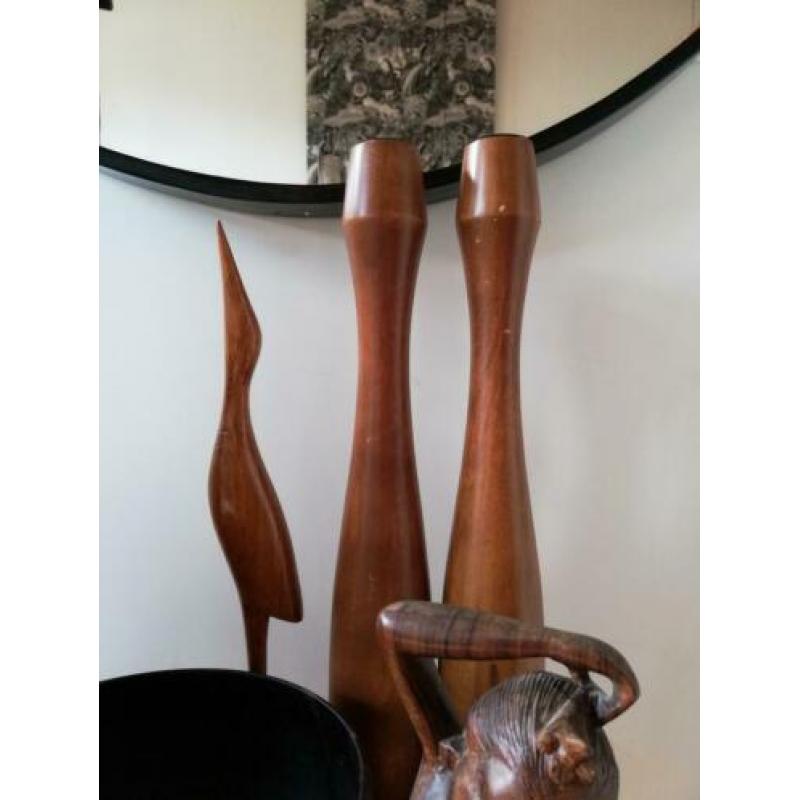 Houten beeld kandelaar fruitschaal 70’s Kuuqs