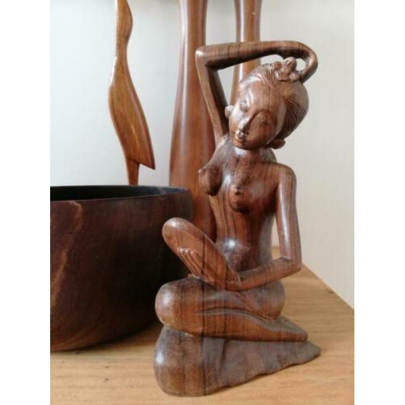 Houten beeld kandelaar fruitschaal 70’s Kuuqs