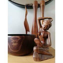 Houten beeld kandelaar fruitschaal 70’s Kuuqs