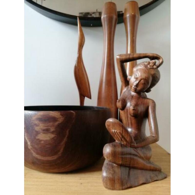 Houten beeld kandelaar fruitschaal 70’s Kuuqs