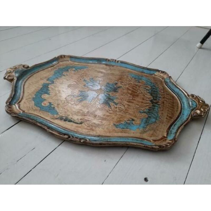 Retro vintage dienblad hout goud blauw